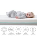 Baby laying on crib mattress smiling with features popping out Thumbnail